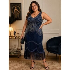 FUNDaisy Blue Beaded Fringe Flapper Dress Art Deco Gatsby Sleeveless 2x